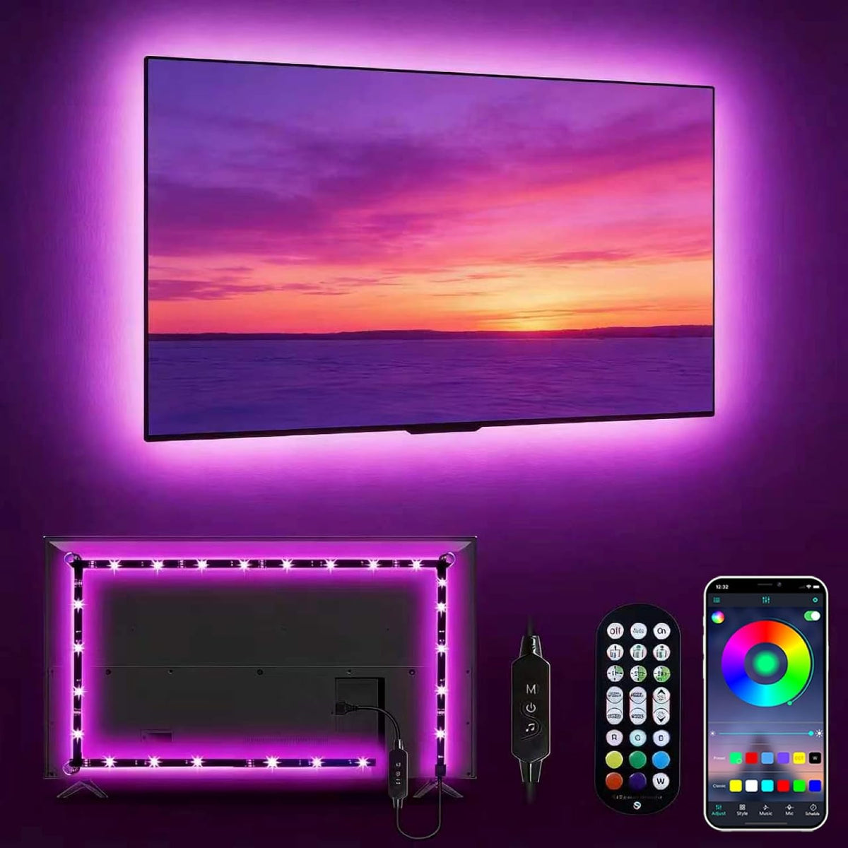 LED Lights RGB Backlight, 16.4Ft Strip for 65-85 Inch TV Behind, Music Sync USB Bluetooth APP Remote Control Color Changing Light for Gaming Room