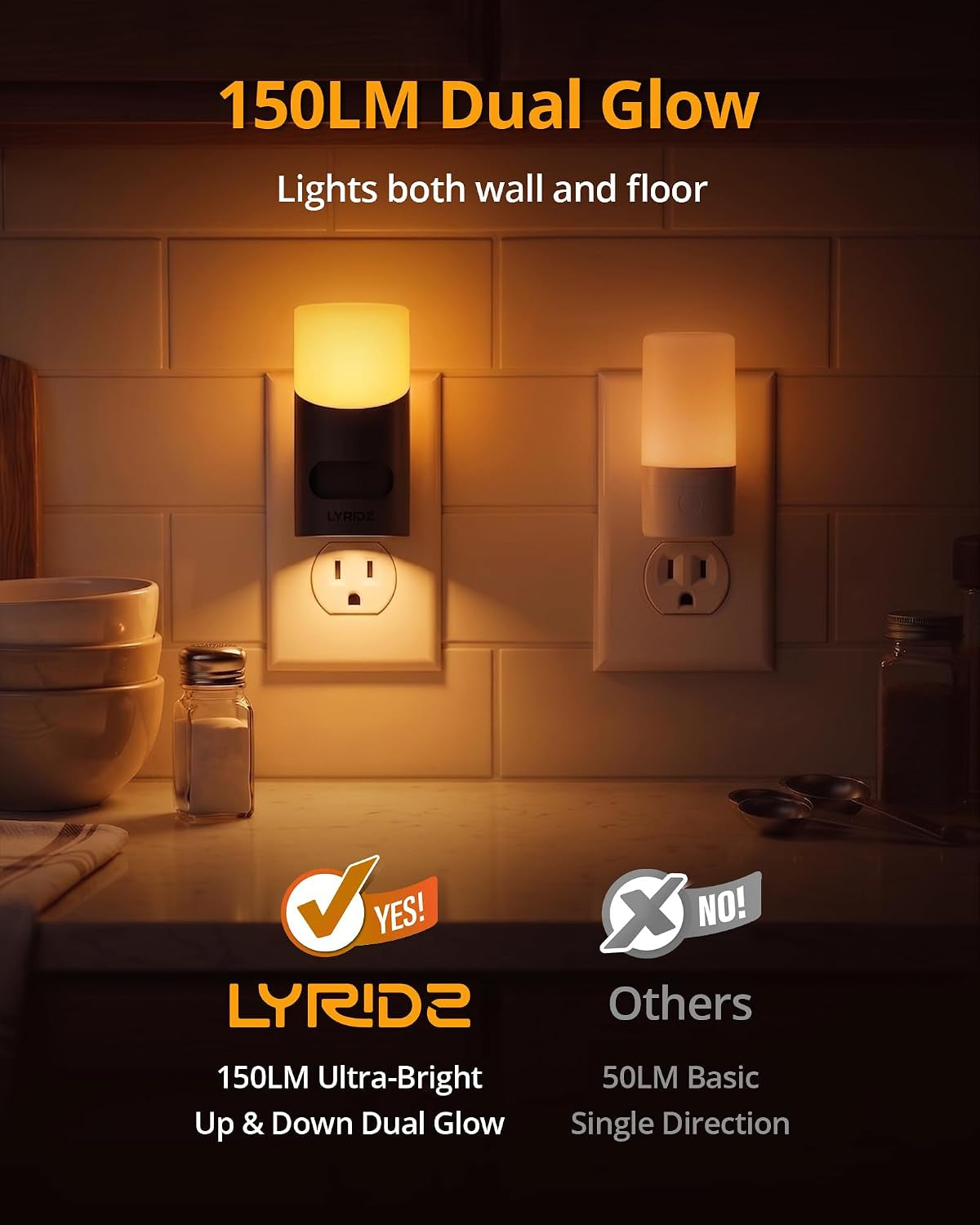 Amber Night Light with Motion Sensor, 1-150LM Dimmable Plug-In Nightlight Indoor for Bedroom, Bathroom, Hallway, Stairs, Pet House, Toilet, 2 Pack