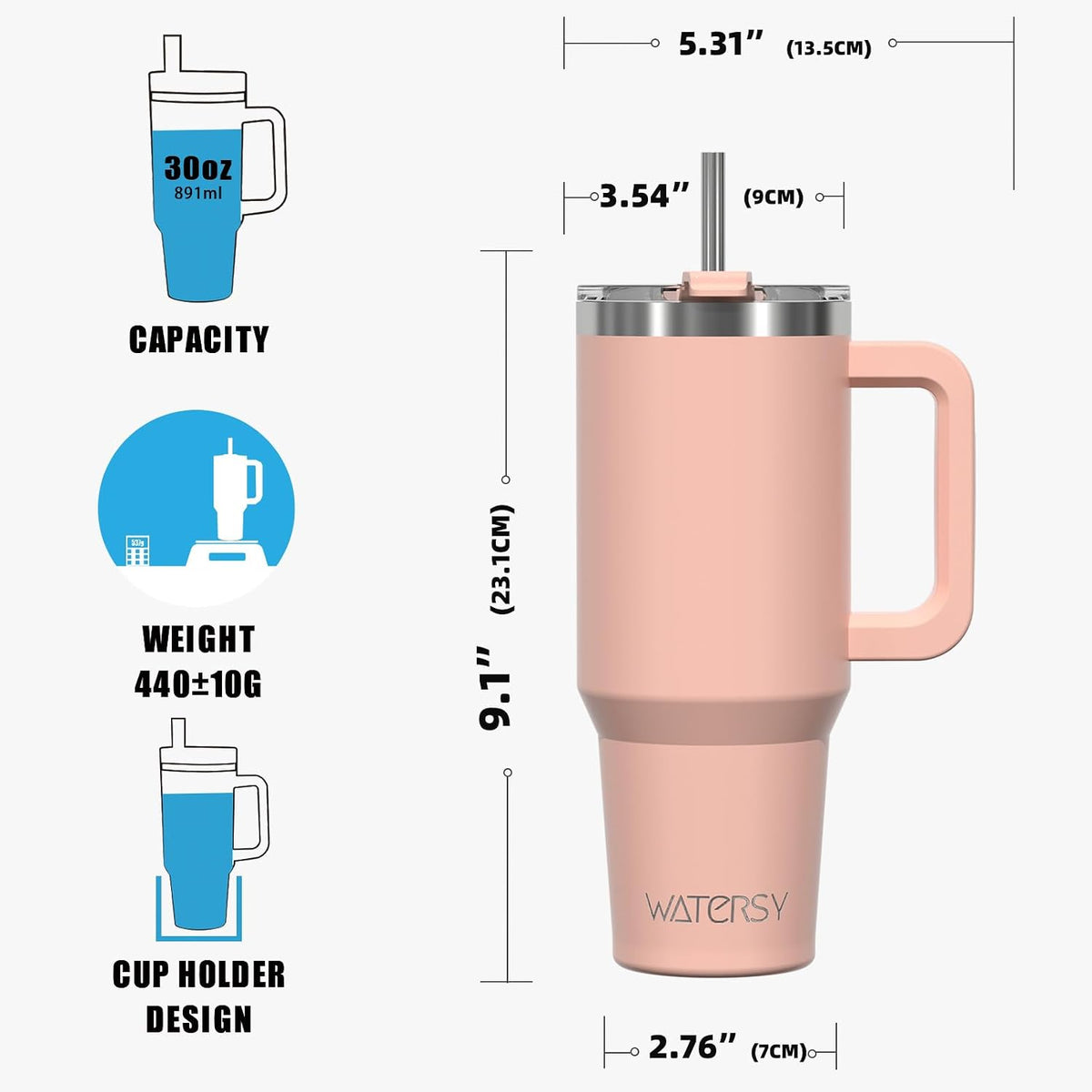 30 Oz Tumbler with Handle,Tumbler with Lid and Straw,Double Wall Insulated Cup Stainless Steel Travel Mug(Cold for 34 Hours),Water Bottle for Iced Tea,Coffee,Cold Beverages(Pink)