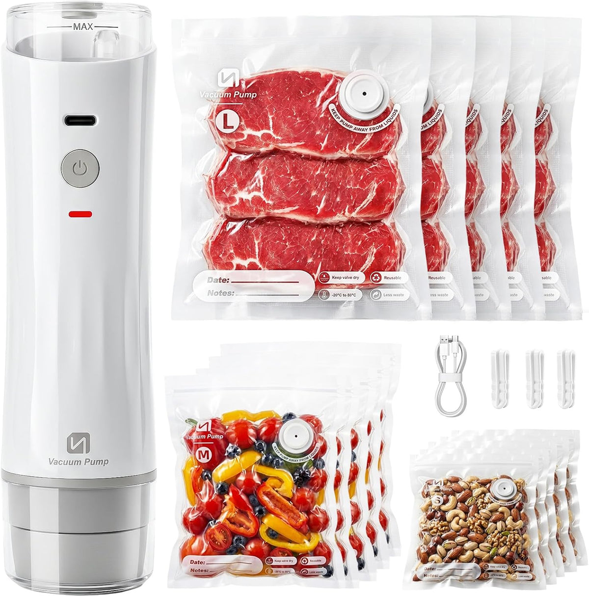 Vacuum Sealer for Food, Powerful Handheld Food Saver Machine Compact Vacuum Sealer Machine with Visible Water Tank & 15 Reusable Sealer Bags for Kitchen, Travel & Outdoor