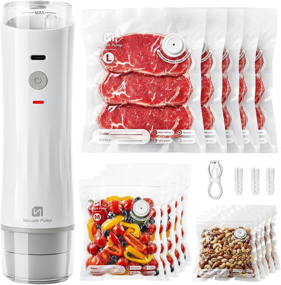 Vacuum Sealer for Food, Powerful Handheld Food Saver Machine Compact Vacuum Sealer Machine with Visible Water Tank & 15 Reusable Sealer Bags for Kitchen, Travel & Outdoor