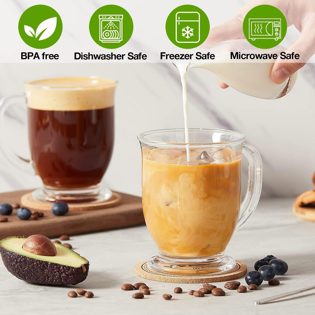 Glass Coffee Mugs Set of 6, Clear Large Coffee Mug 15 Oz with Handles for Hot Beverages, Clear Mugs for Tea, Cappuccino, Latte, Espresso Coffee, Juice, Glass Coffee Cups