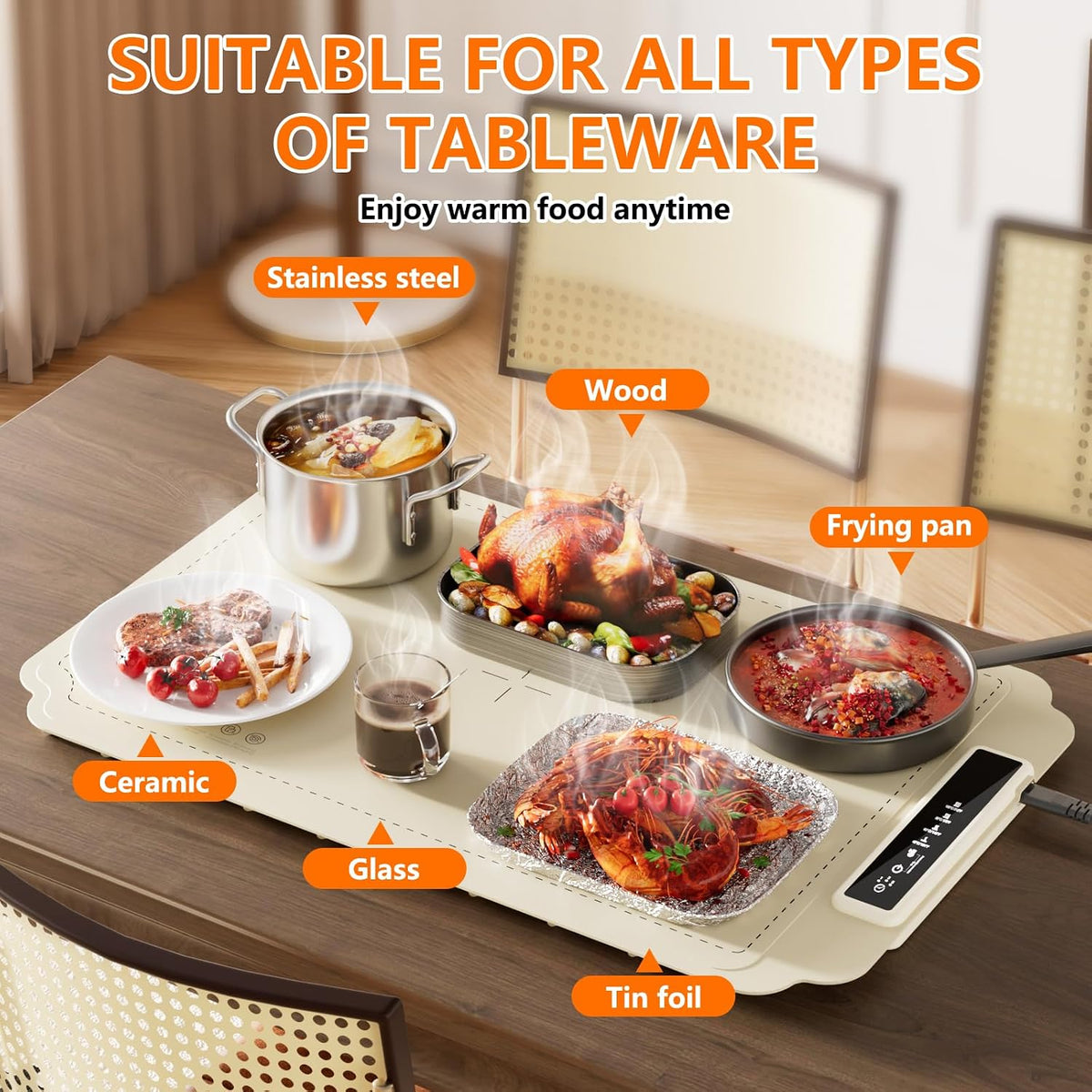 Warming Mat for Food, Electric Warming Tray, Fast Full Surface Graphene Electric Warming Tray, Extra Large Roll up Silicone Food Warming Mat, Perfect for Gatherings, Parties &Everyday Use (Beige)