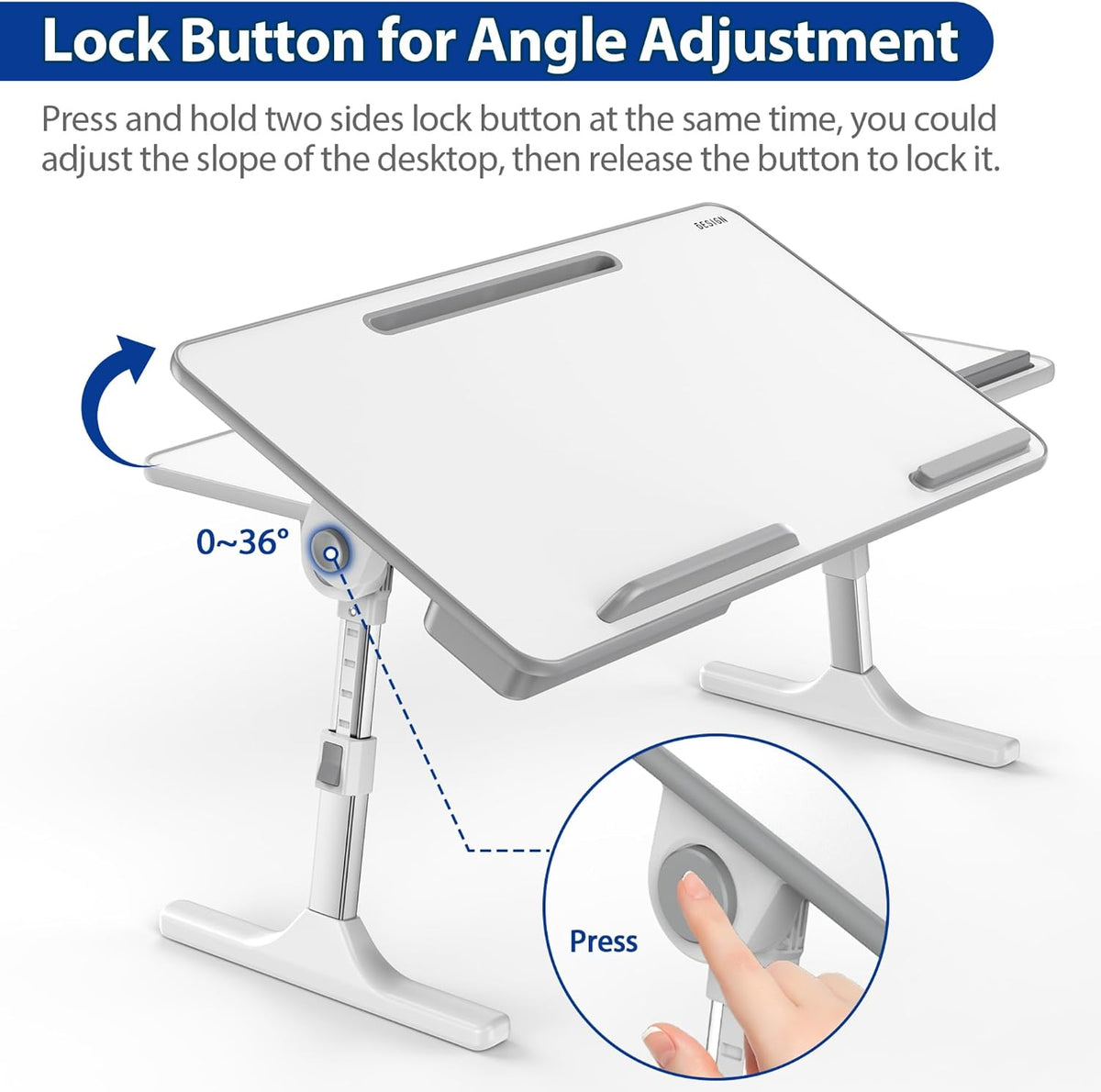 LT05 Adjustable Laptop Table, Lap Desk, Portable Standing Bed Desk, Foldable Sofa Breakfast Tray, Notebook Computer Stand for Reading and Writing, Medium Size, White