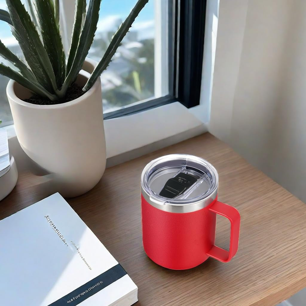 14Oz Insulated Stainless Steel Coffee Mug with Leakproof Lid,Double Wall Vacuum Travel Coffee Cup with Handle,Reusable Metal Cups Tumbler,Camping Mugs Keep Hot&Cold,Ideal Gifts(Red,1)