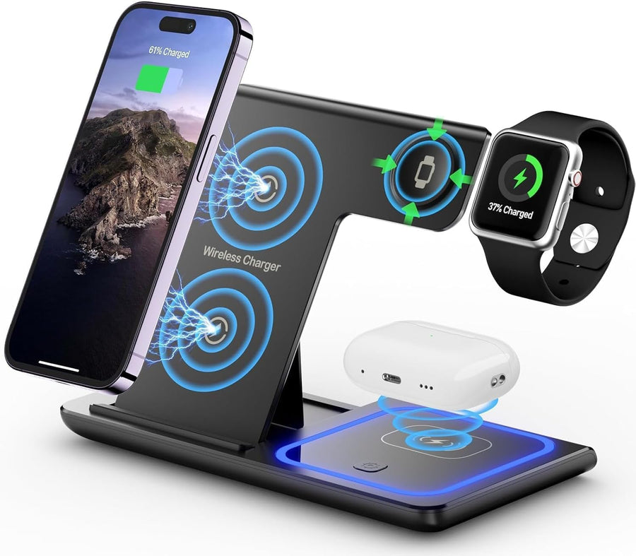 3 in 1 Wireless Charger Charging Station, Wireless Charger Stand for Iphone17 16 15 14 Pro Max 13 12 11,Charging Dock for Airpods 4 3 2 Pro, Apple Watch 11/10/9/Ultra/8/Se/7/6/5/4/3