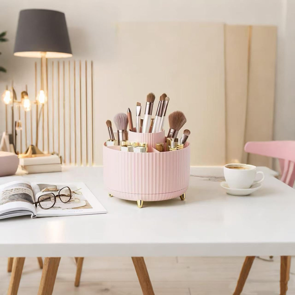 360 Degree Rotating Desktop Organizer,Makeup Brushes,Pencils,Desktop Stationery Storage Rotating Rack,Premium Plastic Organizer for Office,School and Home (Pink)