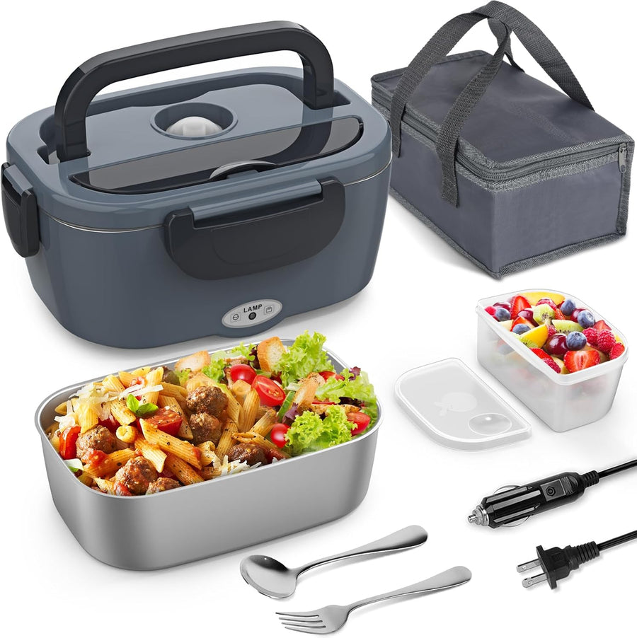 Electric Lunch Box for Adults, Heated Lunch Box Food Warmer, 80W 1.5L Portable Heating Lunchbox for Men/Work/Car/Truck, 12V 24V 110V Lonchera Eléctrica Portátil Christmas White Elephant Gifts