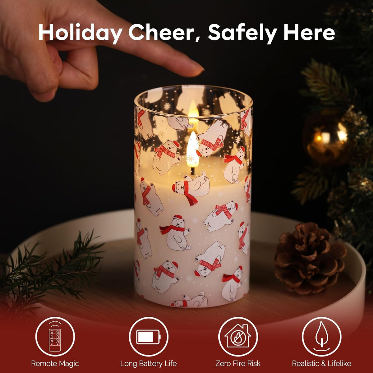 Bear Christmas Glass Flameless Pillar Candles with Remote Set of 3