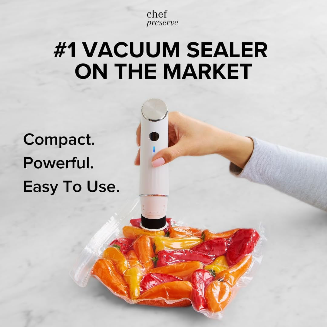 Compact Vacuum Sealer for Food (Vacuum Sealer Machine + 3 Glass Vacuum Containers + 30 Reusable Vacuum Bags) Powerful Handheld Vacuum Seal Machine, Seal Meal Saver, Portable Food Sealer