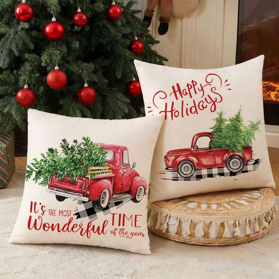 Red Truck Christmas Decor Outdoor Christmas Pillow Covers 18X18 Set of 2