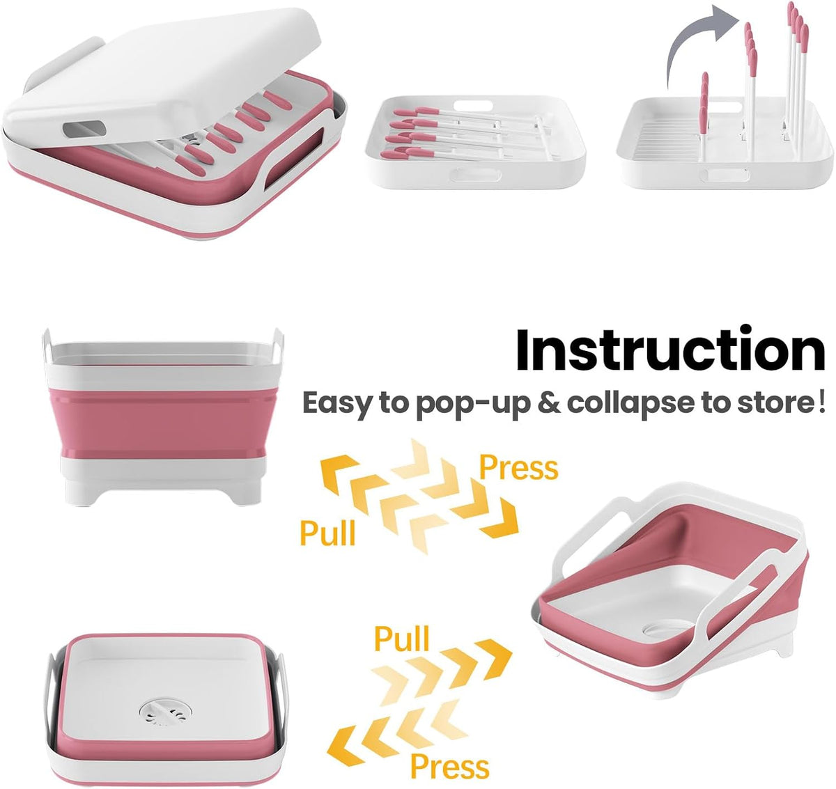Collapsible Wash Basin with Drying Rack & Drain Plug (Pink)