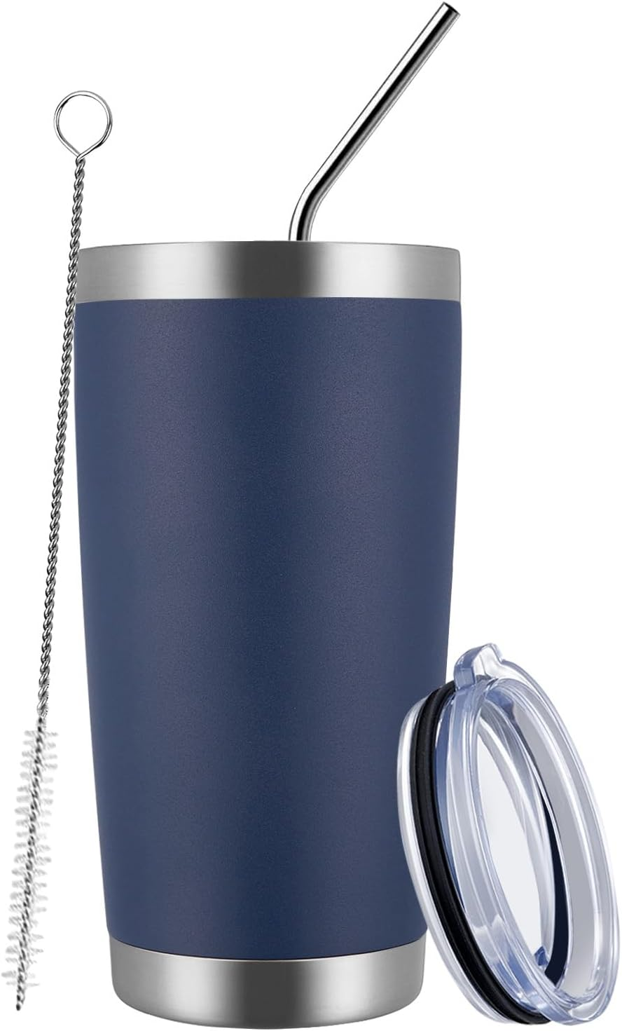 20Oz Tumbler Cup Double Wall Vacuum Insulated Travel Mug Bulk, Stainless Steel Tumblers with Lid and Straw, Durable Powder Coated Coffee Cups for Cold & Hot Drinks (Navy, 1)