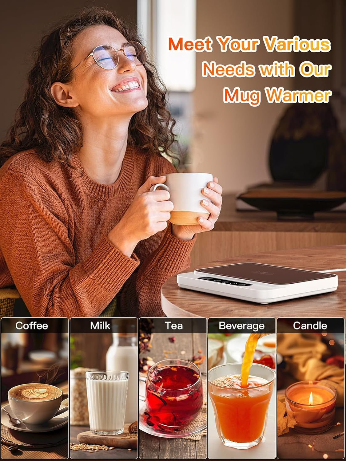 Mug Warmer, 50W Large Heating Panel Coffee Mug Warmer with 6-Temp Settings, 8H Auto Shut-Off, 12H Timer, Ultra-Thin Design, Coffee Cup Warmer for Desk, Ideal for Home, Office, Travel (White)