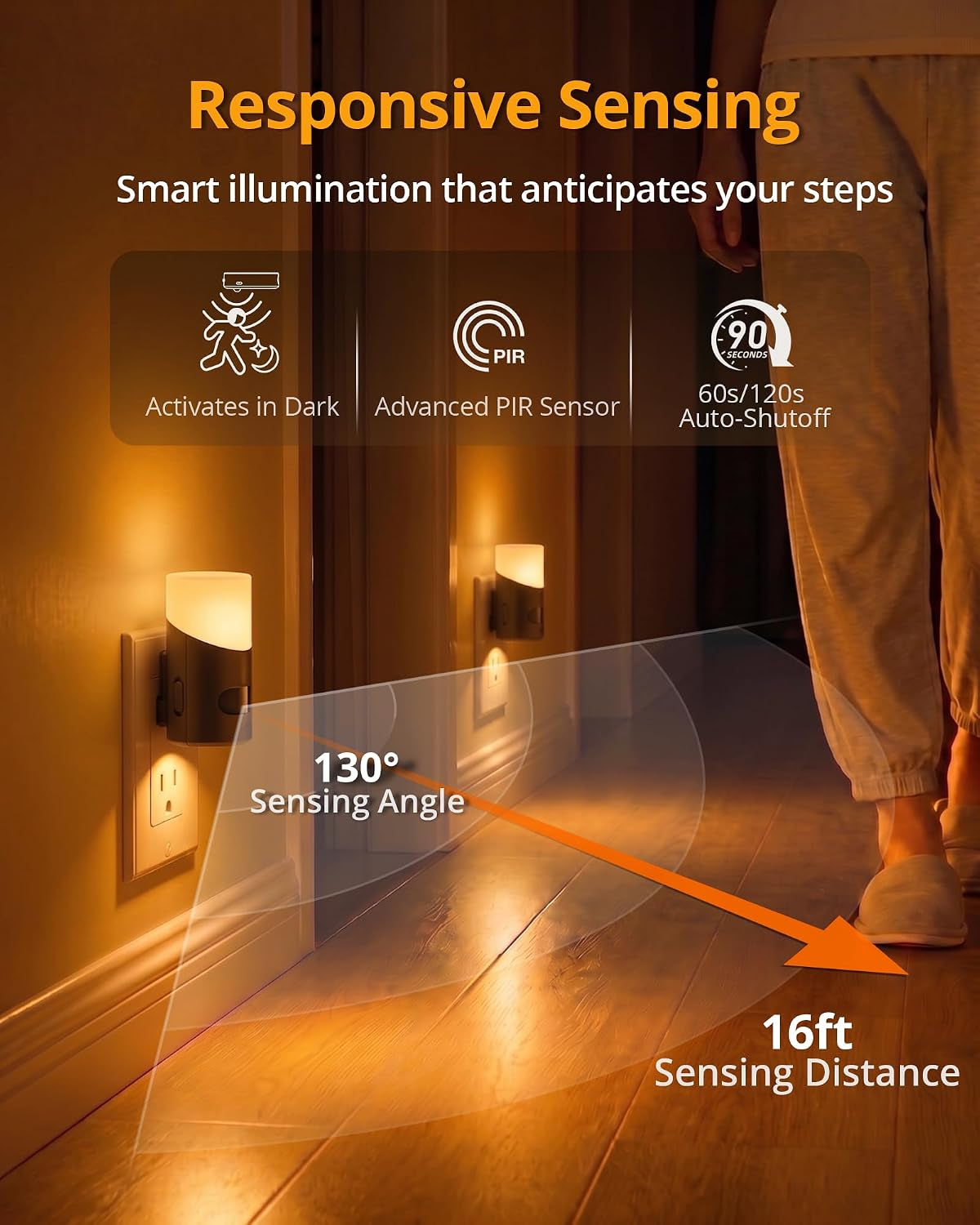Amber Night Light with Motion Sensor, 1-150LM Dimmable Plug-In Nightlight Indoor for Bedroom, Bathroom, Hallway, Stairs, Pet House, Toilet, 2 Pack