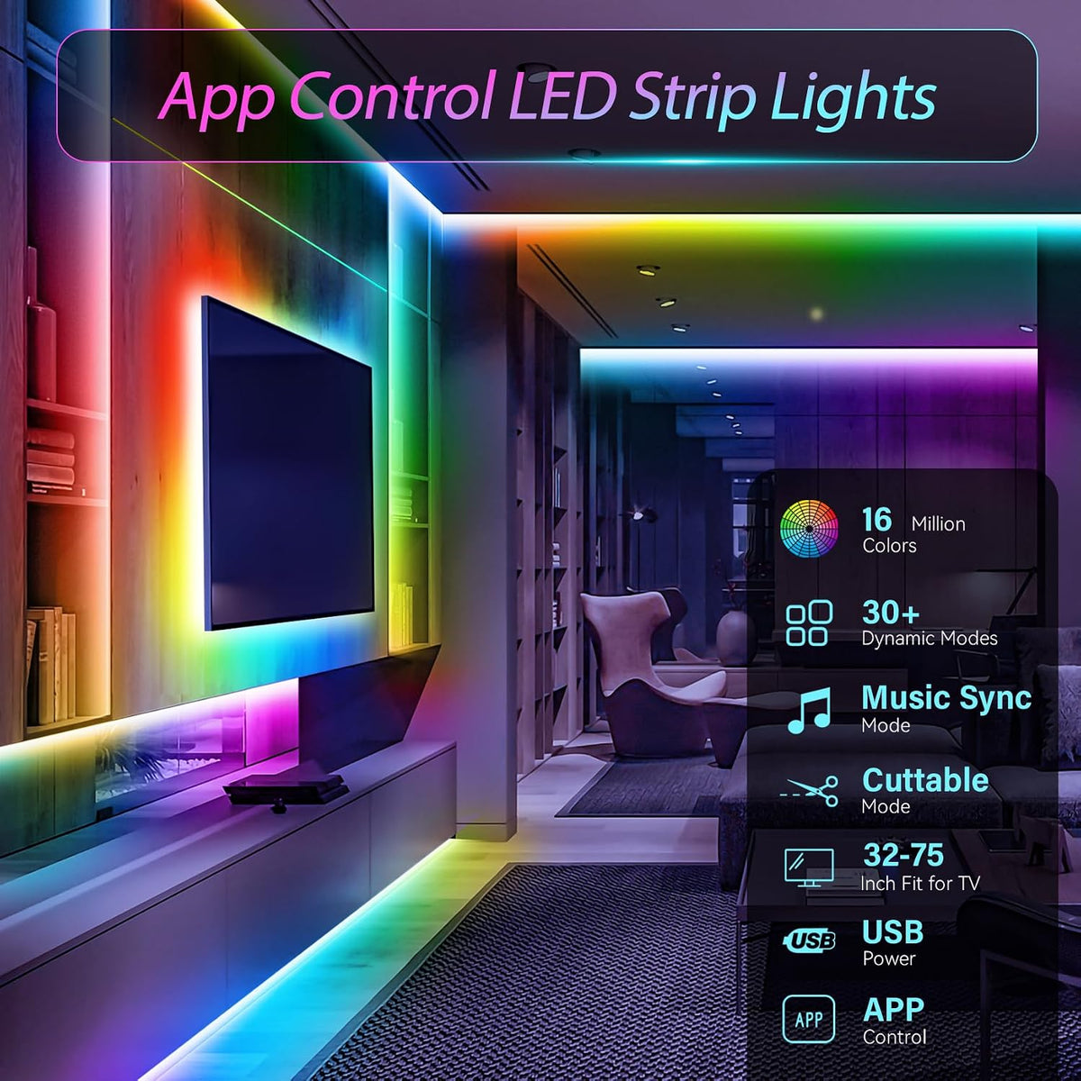 LED Strip Lights, 16.4Ft 150Leds RGB LED Lights for 32-75 Inch TV Behind,Music Sync App Control TV LED Strip with Remote,Usb Plug-In Bias LED Strips Lights for Bedroom Game Cabinet Desk Shelf