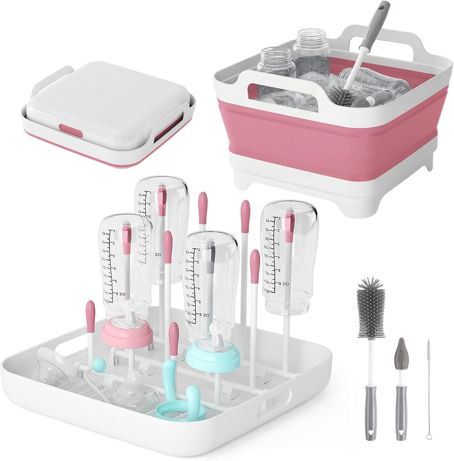 Collapsible Wash Basin with Drying Rack & Drain Plug (Pink)