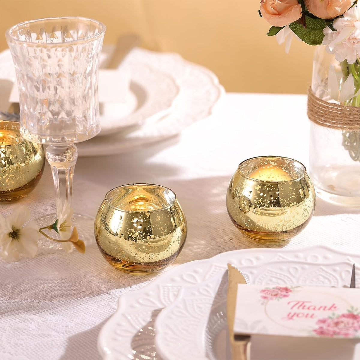 12 Pcs Gold Votive Candle Holders- Gold Centerpieces for Tables, Mercury Glass Votives for Wedding, Rehearsal Dinner, Engagement, Birthday Party Decorations