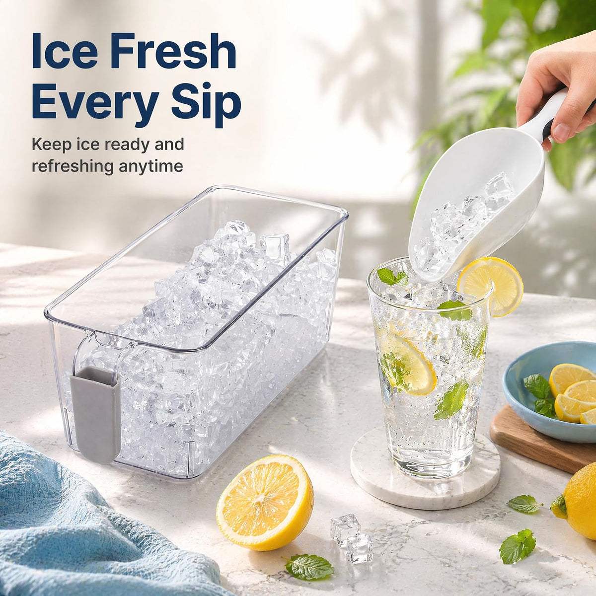 4 Pack Clear Ice Bins for Freezer, Plastic Ice Bucket with Flexible Scoop & Ice Tong, Pull Out Handle Ice Container, Kitchen Food Storage Organizer, Pantry Canister for Wine Beverage Fruit