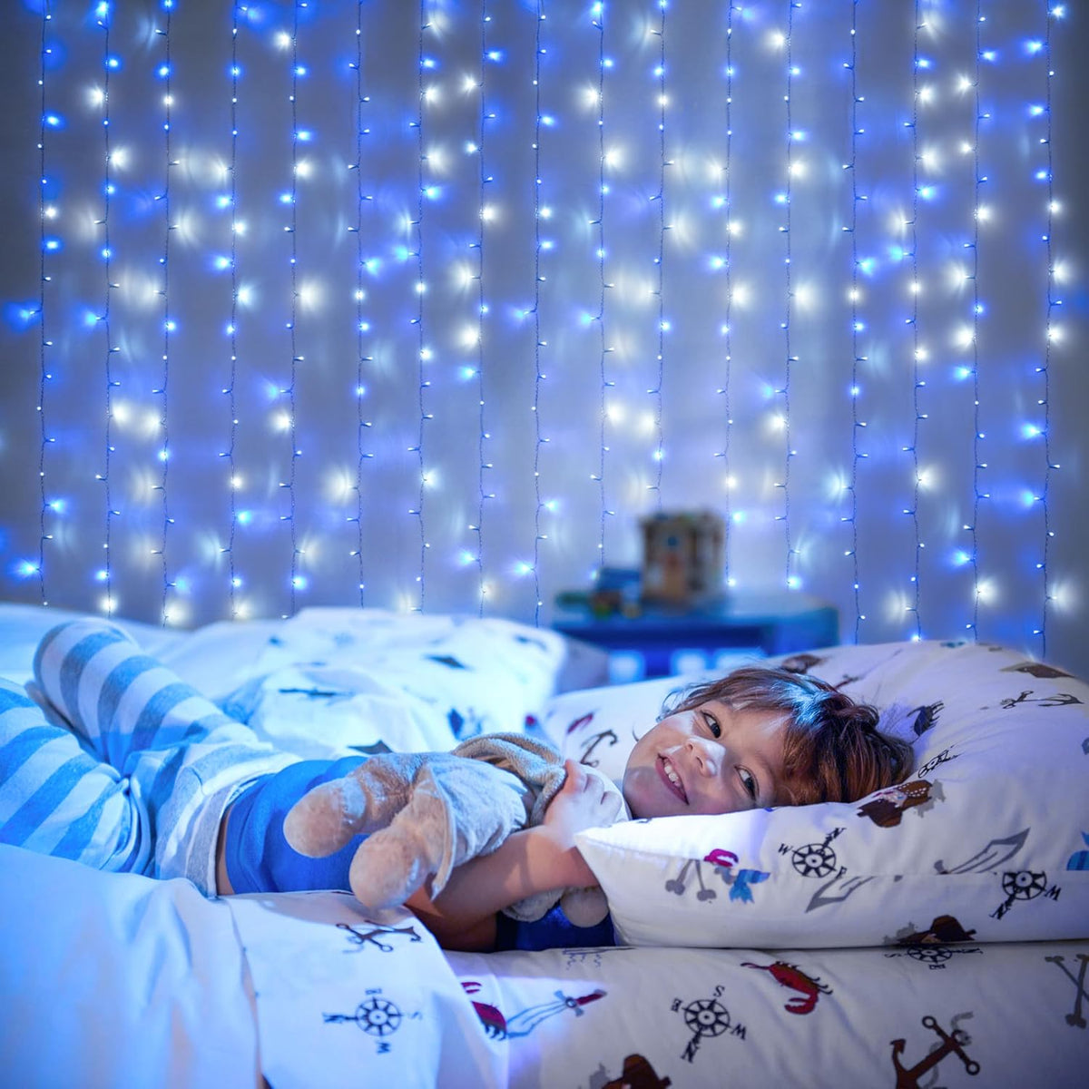 300LED Christmas Curtain Lights Plug In, Blue and White, 9.8X9.8Ft