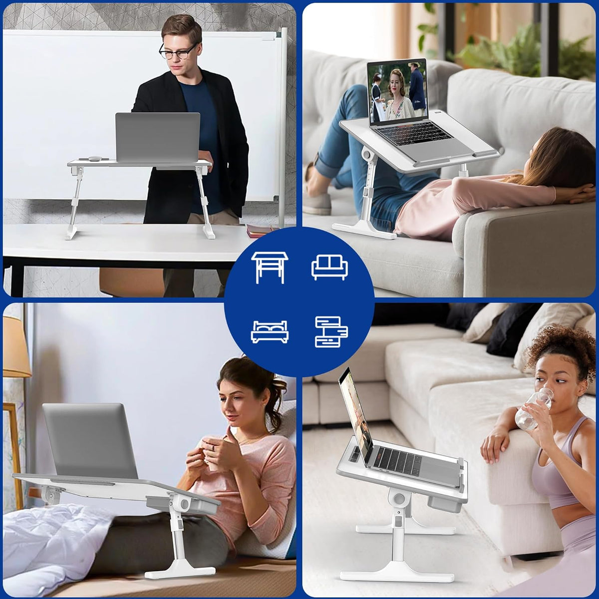 LT05 Adjustable Laptop Table, Lap Desk, Portable Standing Bed Desk, Foldable Sofa Breakfast Tray, Notebook Computer Stand for Reading and Writing, Medium Size, White
