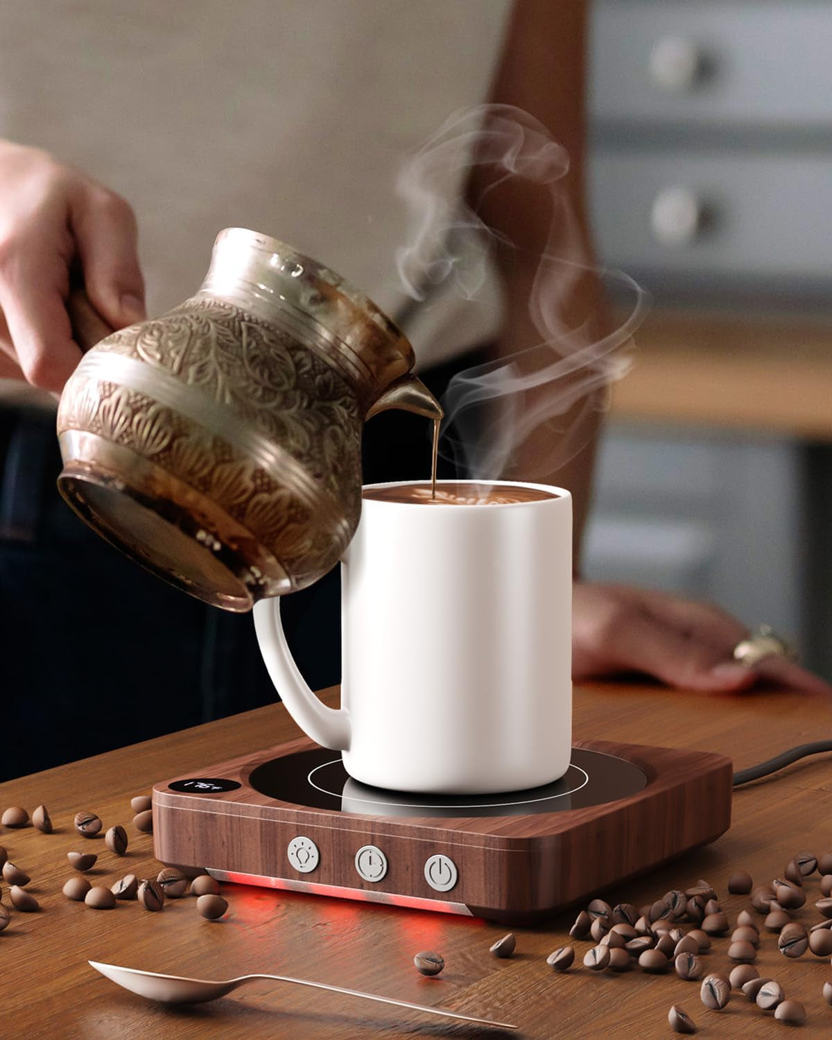 Coffee Mug Warmer for Desk, Candle Warmer Plate, 12H Timer, Wood