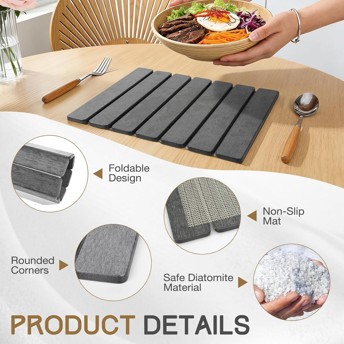 Stone Drying Mat 16" X 12" ,  Quick Dry Dish Drying Mat for Kitchen Counter, Foldable Diatomaceous Earth Mats, Fast Drying Stone Pad for Bath Kitchen