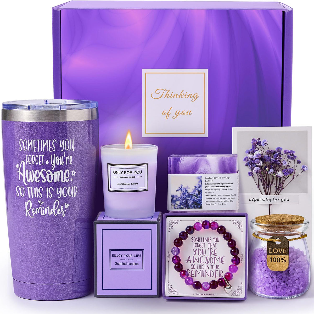 Birthday Gifts for Women, Gifts for Women Mom Wife Her Grandma Sister Friends, Lavender Spa Gift Basket for Her, Self Care Gift Set with 20Oz Tumbler, Candle & Bath Salts