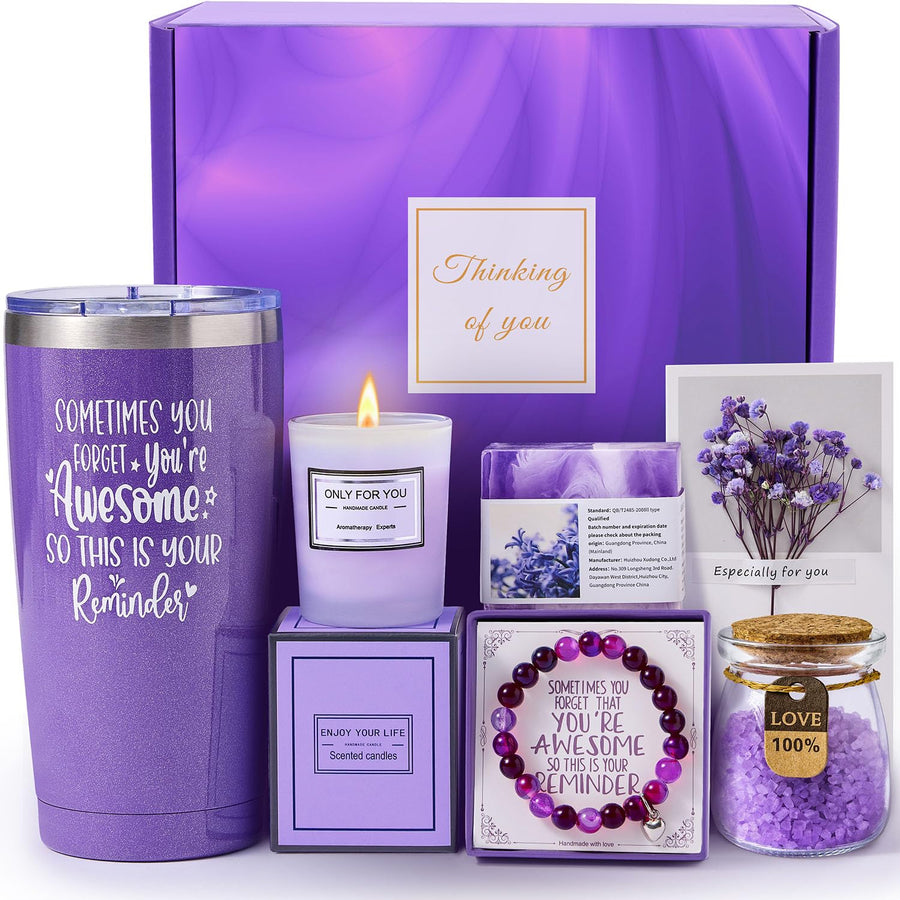 Birthday Gifts for Women, Gifts for Women Mom Wife Her Grandma Sister Friends, Lavender Spa Gift Basket for Her, Self Care Gift Set with 20Oz Tumbler, Candle & Bath Salts