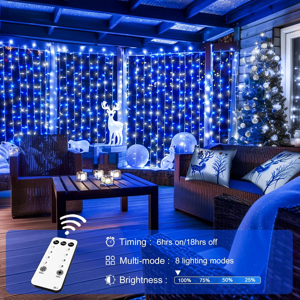 300LED Christmas Curtain Lights Plug In, Blue and White, 9.8X9.8Ft
