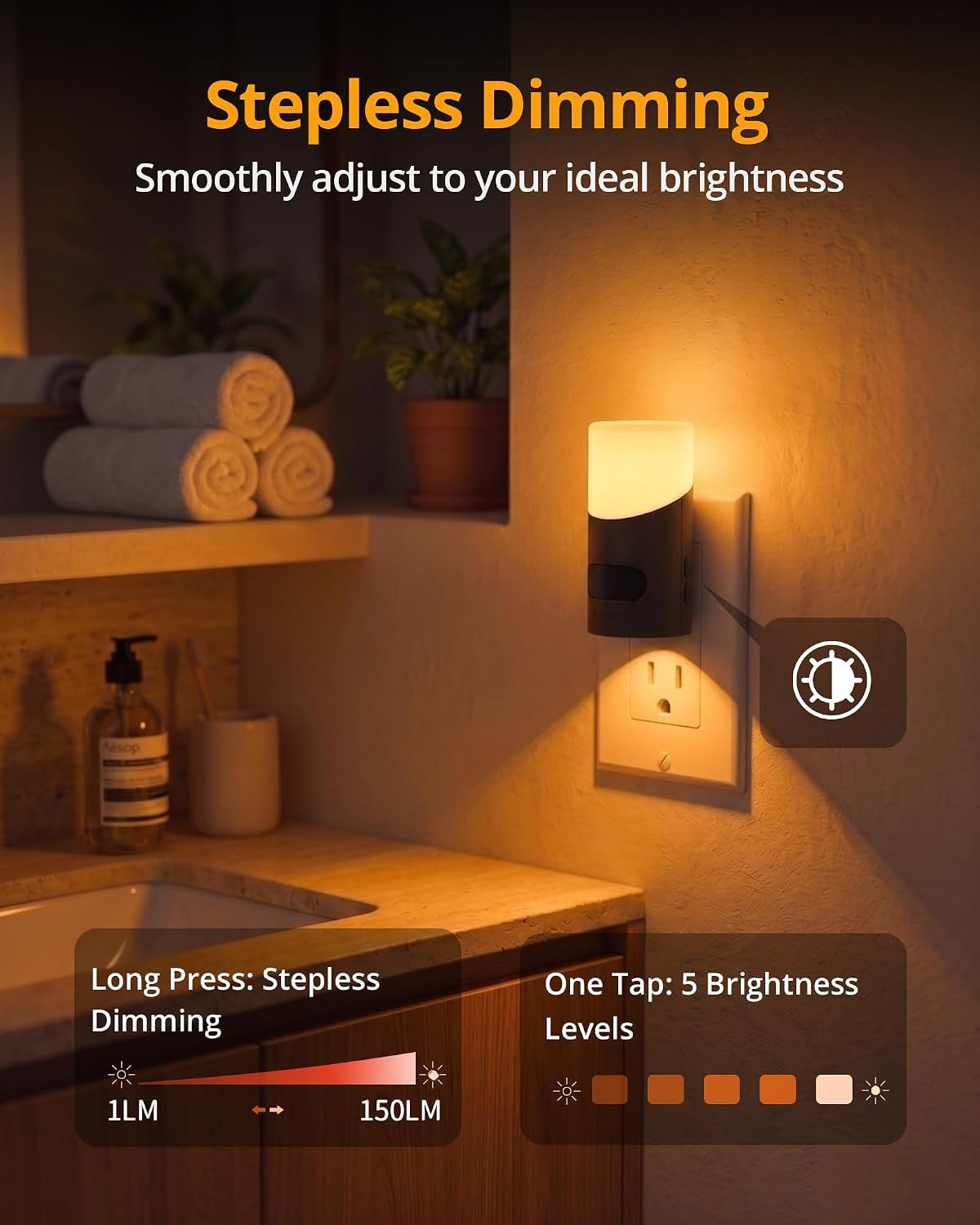 Amber Night Light with Motion Sensor, 1-150LM Dimmable Plug-In Nightlight Indoor for Bedroom, Bathroom, Hallway, Stairs, Pet House, Toilet, 2 Pack