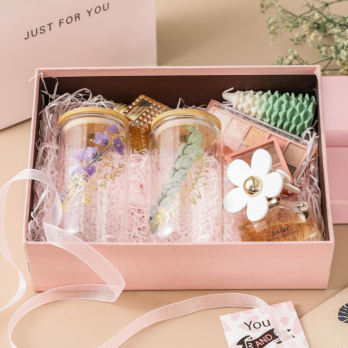 2 Pack Glass Cups with Bamboo Lids and Straws 16 Oz, Gifts for Women, Drinking Glasses Set, Iced Coffee, Tea Cup, Cute Aesthetics Tumbler Cup, Mothers Day, Birthday Gifts for Her Mom