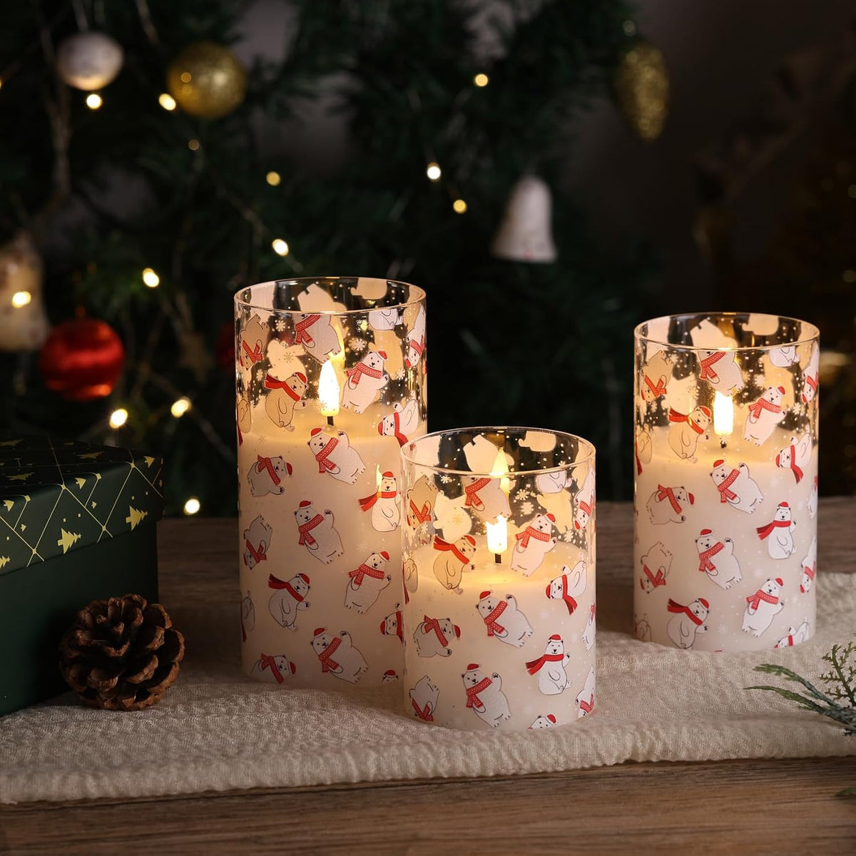 Bear Christmas Glass Flameless Pillar Candles with Remote Set of 3