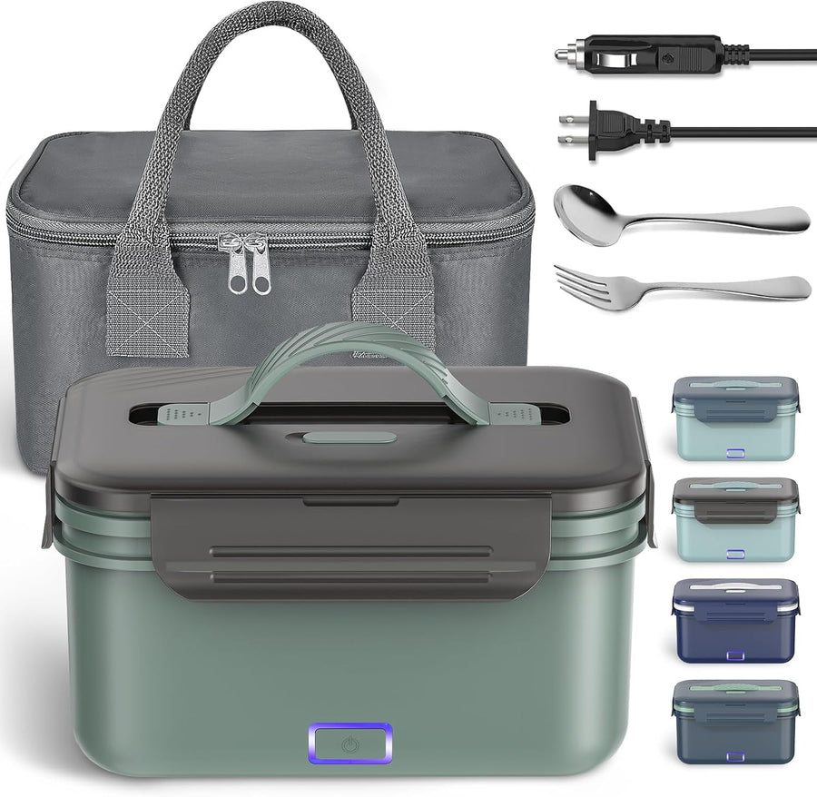 Electric Lunch Box 100W, 4 in 1 Heated Lunch Box for Adults, Portable Heating Lunch Box for Work/Car/Truck, with 1.8L Stainless Steel Container, 12V 24V 110V 220V, Green Grey