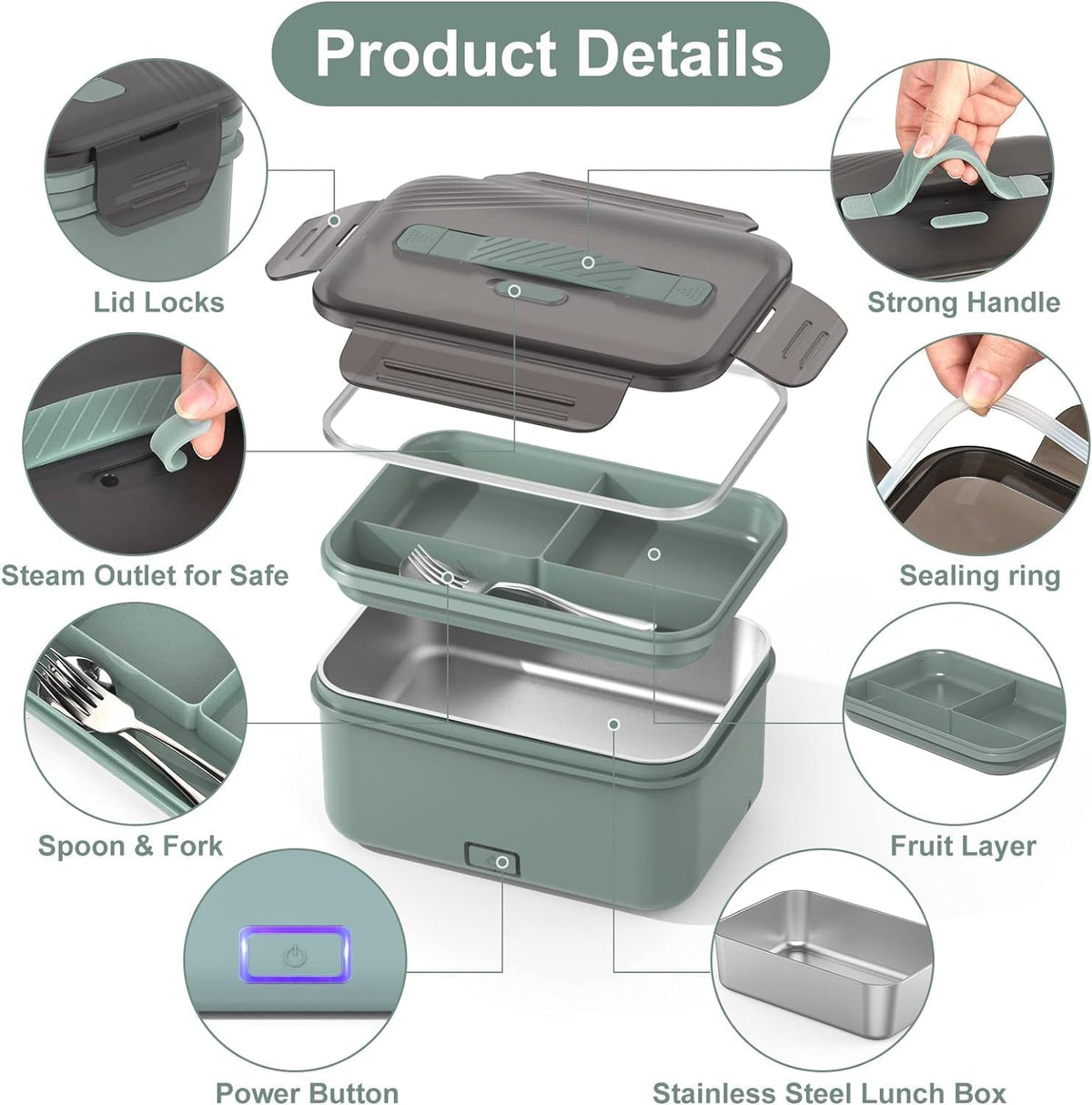 Electric Lunch Box 100W, 4 in 1 Heated Lunch Box for Adults, Portable Heating Lunch Box for Work/Car/Truck, with 1.8L Stainless Steel Container, 12V 24V 110V 220V, Green Grey