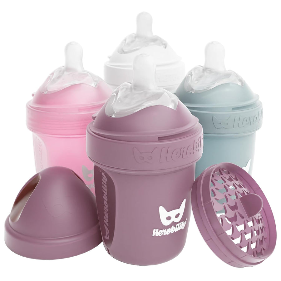 Anti-Colic Baby Bottles 5 Fl Oz/140Ml- Pack of 4 Newborn Baby Bottles, Slow Flow Plastic Bottles, Breast-Shaped Teat for Breastfed Babies – Multicolor – White, Gray, Pink, Hawthorn Rose