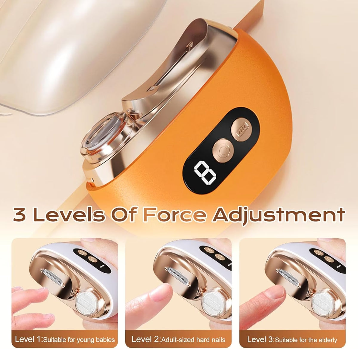 Multi-Functional Electric Nail Trimmer, 2025 Upgraded 2 in 1 Electric Polishing Automatic Nail Clippers, Electric Nail Clipper with 3 Speed Levels, Safe and Convenient Nail Trimmer (Orange)