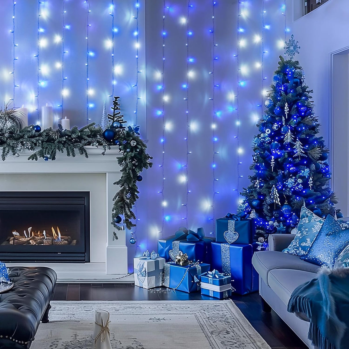 300LED Christmas Curtain Lights Plug In, Blue and White, 9.8X9.8Ft