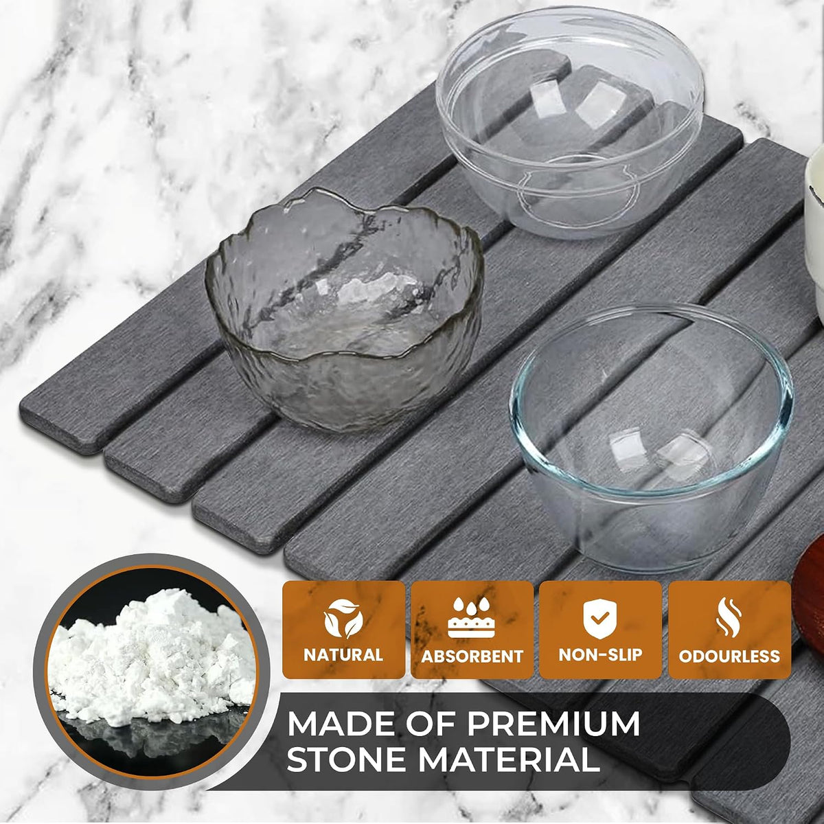 Large Stone Dish Drying Mat for Kitchen Counter, Instant Drying Pad, Super Absorbent Foldable Dish Drying Mat, 24"×16", Dark Gray