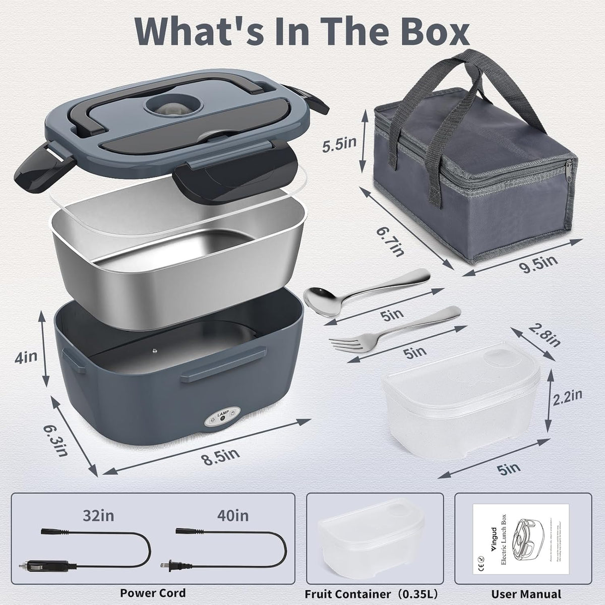 Electric Lunch Box for Adults, Heated Lunch Box Food Warmer, 80W 1.5L Portable Heating Lunchbox for Men/Work/Car/Truck, 12V 24V 110V Lonchera Eléctrica Portátil Christmas White Elephant Gifts