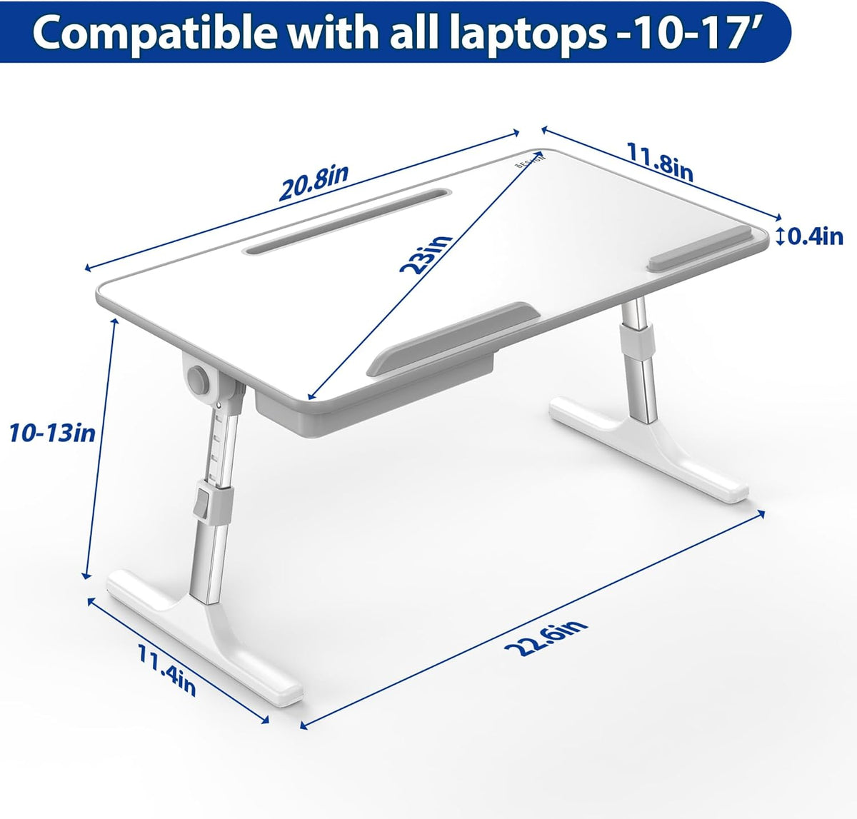 LT05 Adjustable Laptop Table, Lap Desk, Portable Standing Bed Desk, Foldable Sofa Breakfast Tray, Notebook Computer Stand for Reading and Writing, Medium Size, White