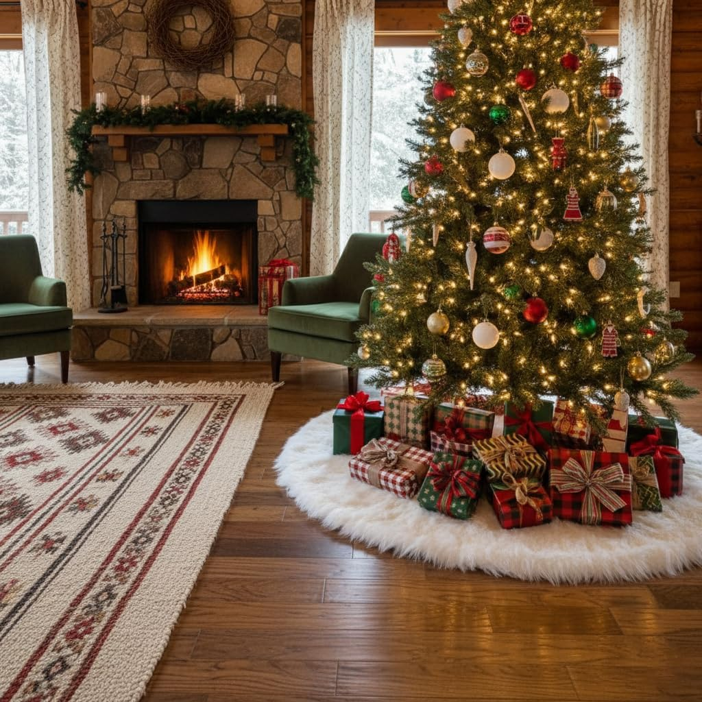 48 Inch White Faux Fur Christmas Tree Skirt, Luxury Plush Tree Base Cover for Holiday Party and Home Christmas Decor