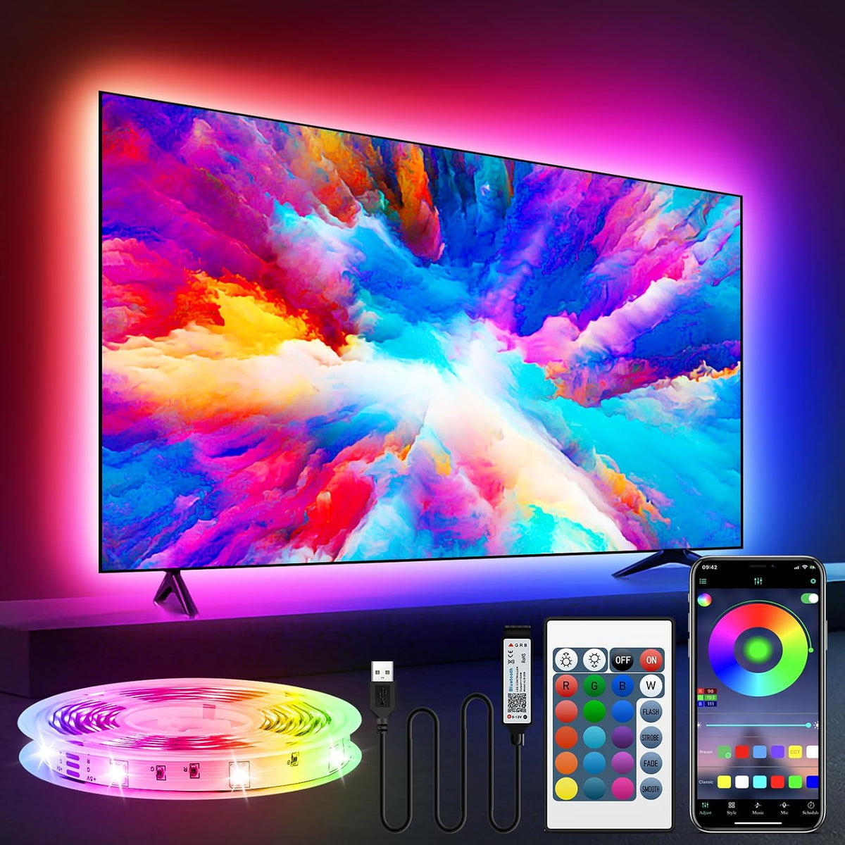 LED Strip Lights, 16.4Ft 150Leds RGB LED Lights for 32-75 Inch TV Behind,Music Sync App Control TV LED Strip with Remote,Usb Plug-In Bias LED Strips Lights for Bedroom Game Cabinet Desk Shelf