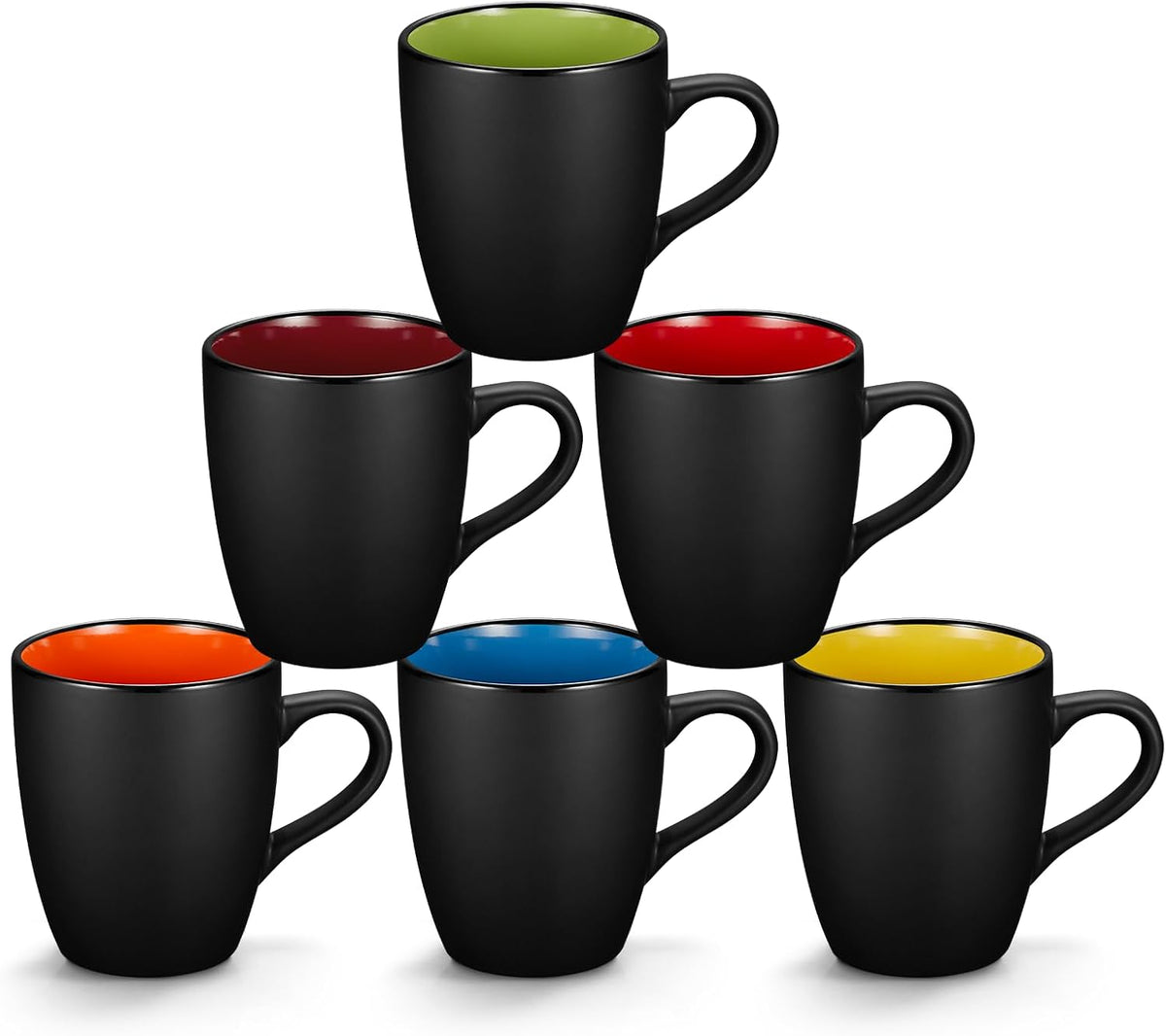 6 Pack Porcelain Coffee Mugs Set, 12 Ounces Ceramic Coffee Mugs, Matte Black Coffee Mug, Restaurant Cups for Coffee, Tea, Cappuccino, Cocoa, Cereal, Black outside and Colorful Inside