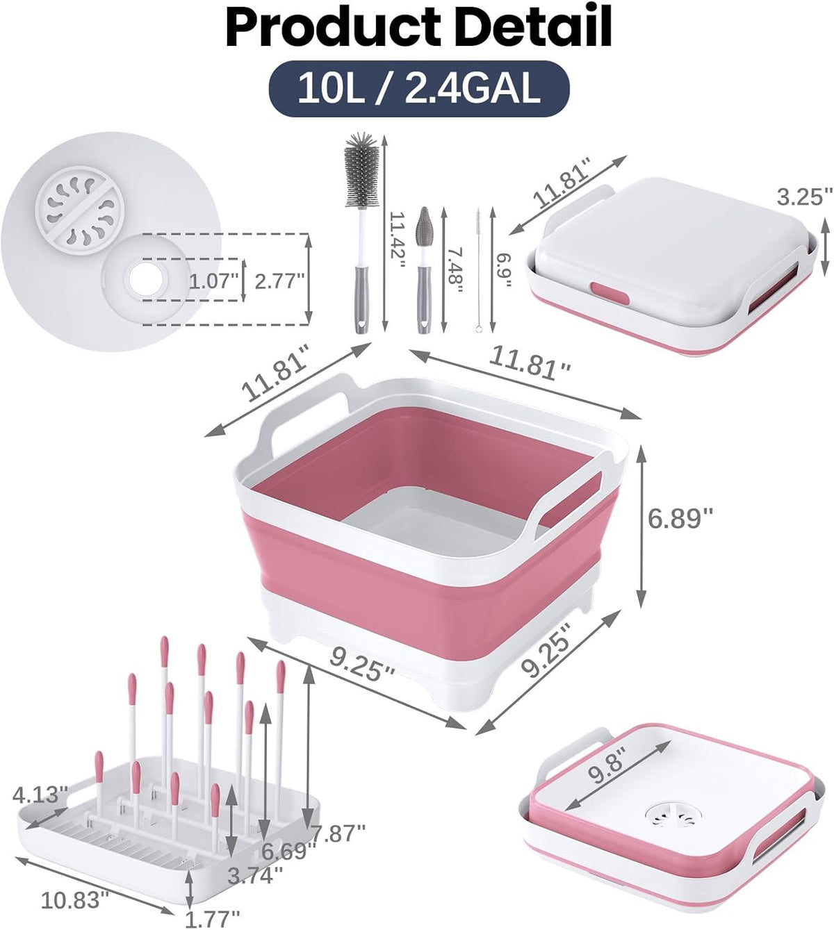 Collapsible Wash Basin with Drying Rack & Drain Plug (Pink)