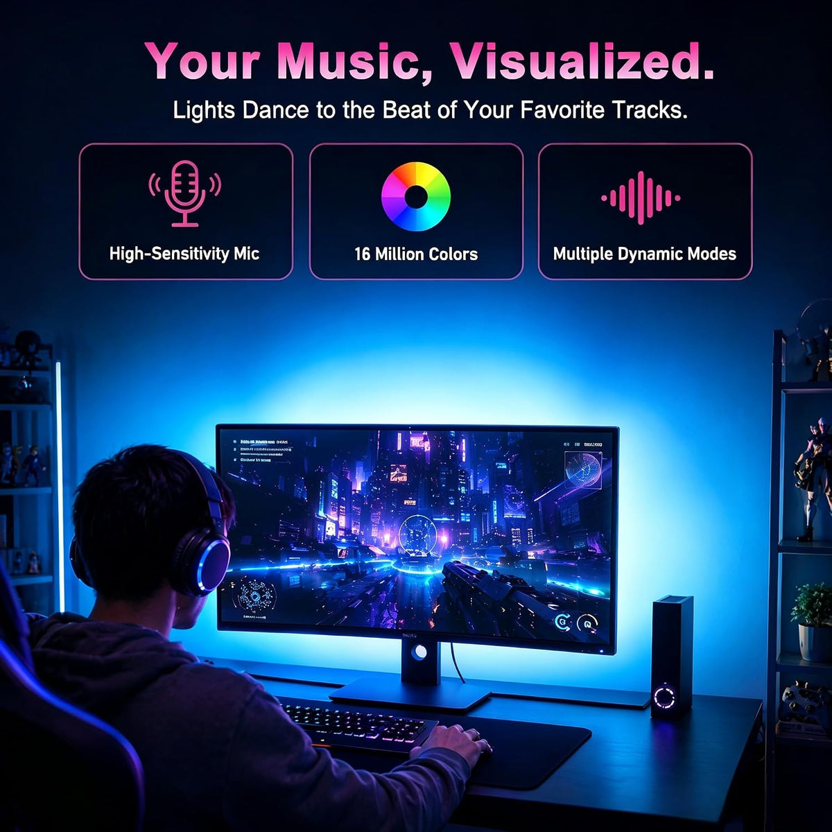 LED Lights RGB Backlight, 16.4Ft Strip for 65-85 Inch TV Behind, Music Sync USB Bluetooth APP Remote Control Color Changing Light for Gaming Room