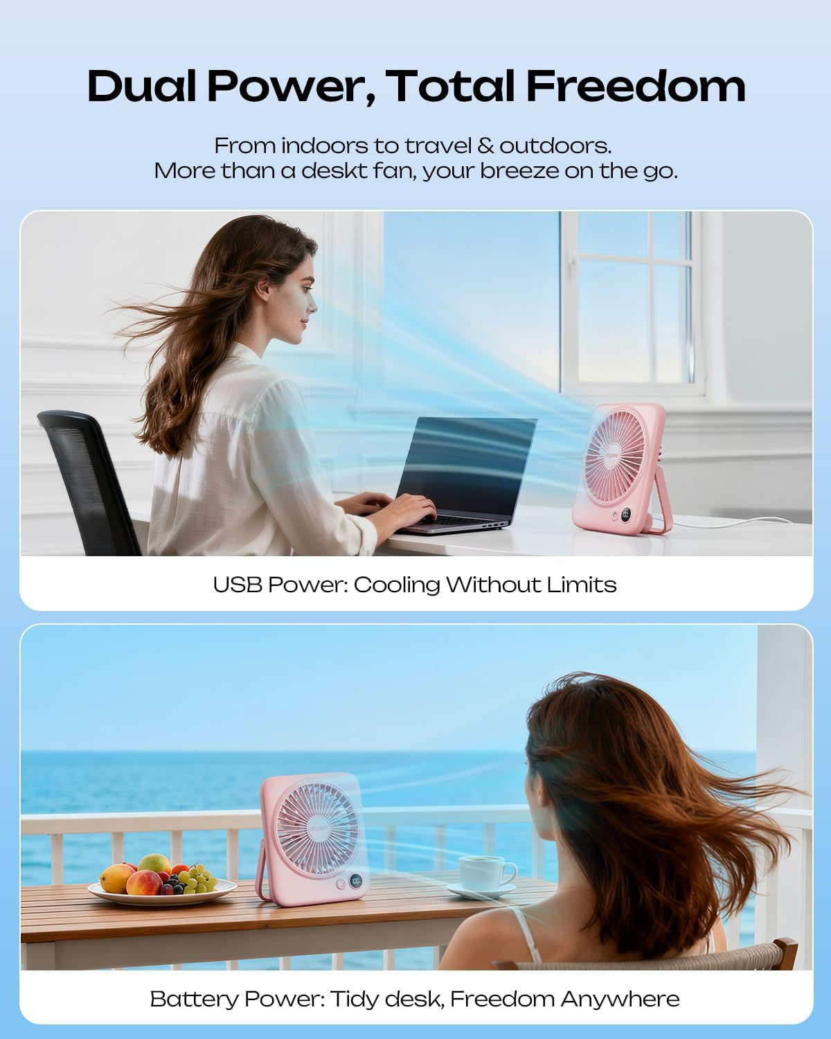 Portable Desk Fan 6.5 Inch, 4000Mah Rechargeable Battery Operated & USB Powered, 23Hrs Cordless Small Personal Fan 4-Speed Quiet for Office Travel Home Sleeping, Led Display, Foldable (Pink)