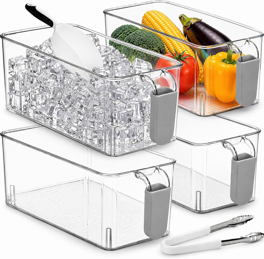 4 Pack Clear Ice Bins for Freezer, Plastic Ice Bucket with Flexible Scoop & Ice Tong, Pull Out Handle Ice Container, Kitchen Food Storage Organizer, Pantry Canister for Wine Beverage Fruit