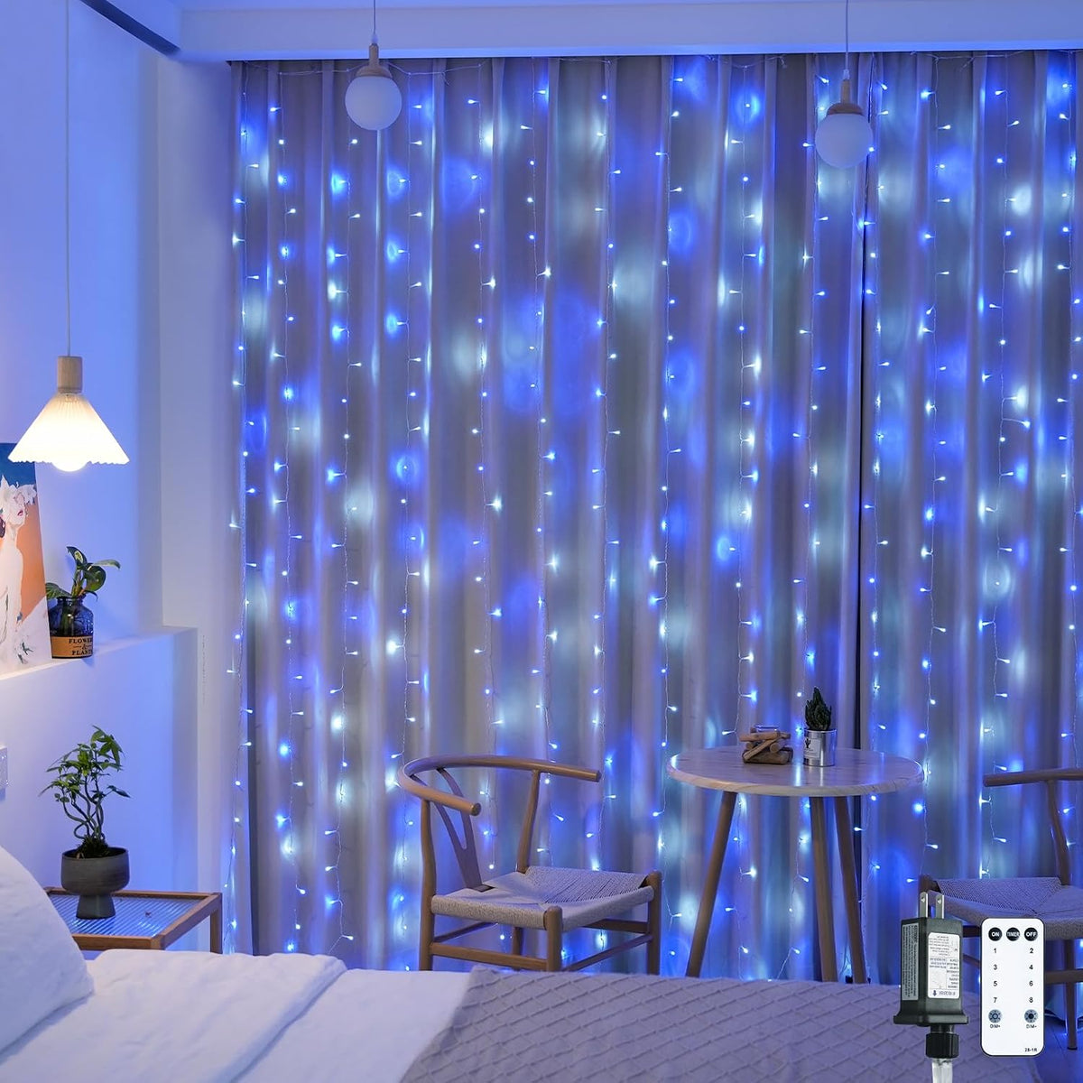 300LED Christmas Curtain Lights Plug In, Blue and White, 9.8X9.8Ft