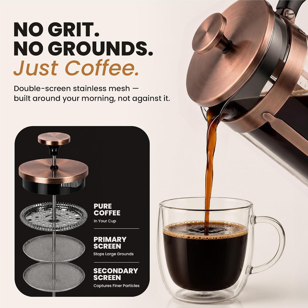 Ezdtach Glass French Press Coffee Maker 34Oz Copper – Double Filter